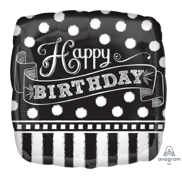 17 inch foil balloon featuring a Happy Birthday chalkboard dots design.