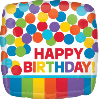 17 inch foil balloon featuring a Happy Birthday rainbow dots design.
