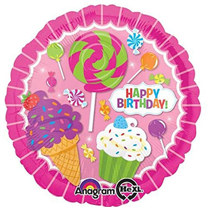 17 inch foil balloon featuring a colourful Happy Birthday Sweet Treats design.