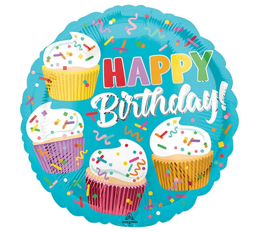 17 inch foil balloon featuring a colourful Happy Birthday cupcakes design.
