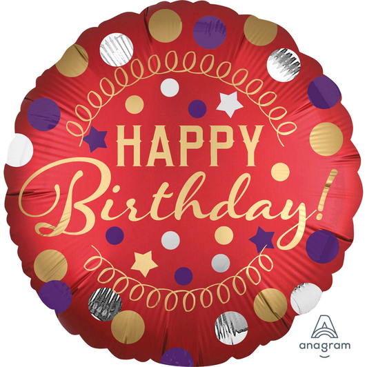 18 inch Happy Birthday foil balloon in red, gold and purple.