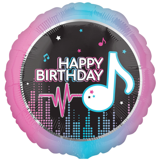 17 inch foil balloon featuring a colourful music note birthday design.