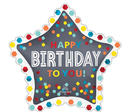 34 inch star-shaped foil balloon featuring a Happy Birthday To You design.