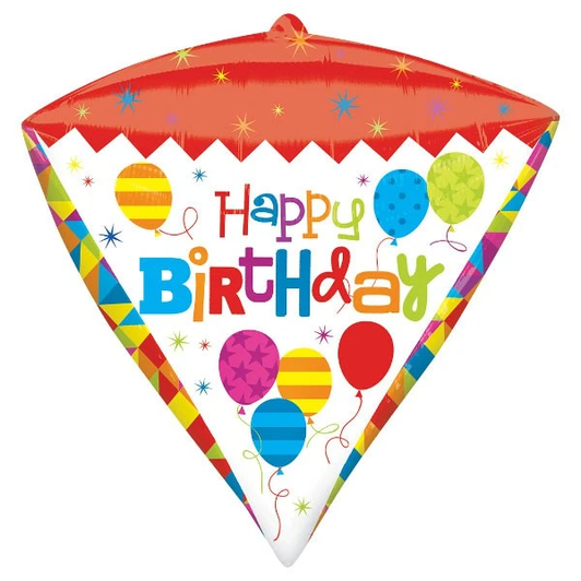 18 inch diamond-shaped foil balloon featuring a Happy Birthday design.