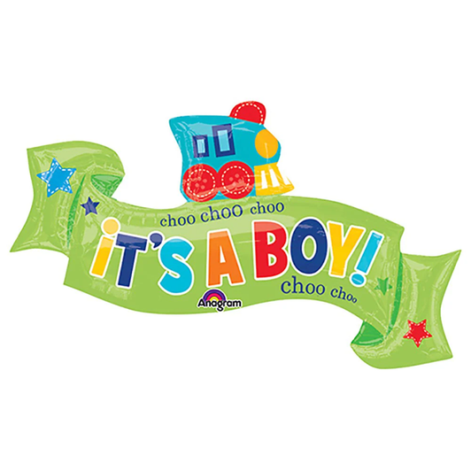 40 inch foil balloon featuring an It's a Boy train banner design.