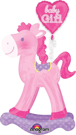 50 inch Baby Girl Rocking Horse AirWalker foil balloon in pink.