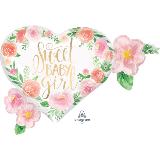 27 inch heart-shaped foil balloon featuring a Sweet Baby Girl message with a decorative floral design.