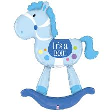 60 inch foil balloon featuring a blue It's a Boy rocking horse design.