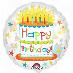 26 inch see-thru foil balloon featuring a colourful Happy Birthday cake design.
