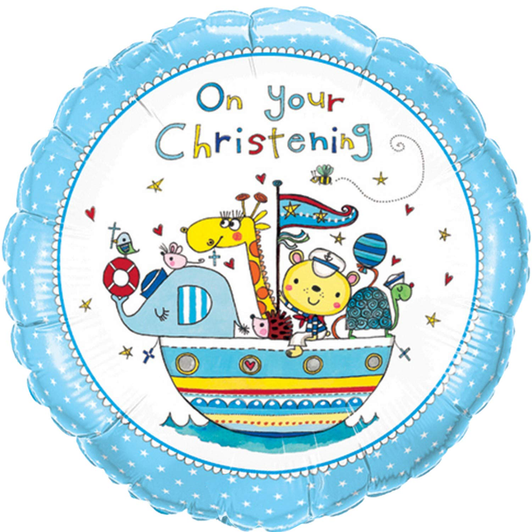 18 inch blue foil balloon featuring an On Your Christening design.