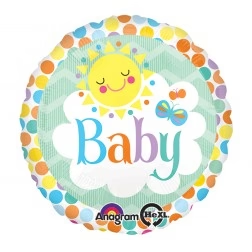 16 inch Orbz foil balloon featuring a baby sun and polka dot design.
