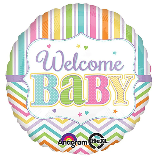 17 inch foil balloon featuring a colourful Welcome Baby design.