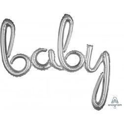 39 inch silver foil balloon forming the word Baby in a decorative script design.