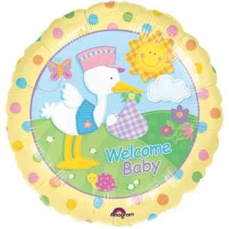 18 inch foil balloon featuring a Welcome Baby message with a stork design.