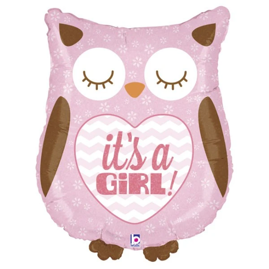23 inch owl-shaped foil balloon featuring an It's a Girl design.