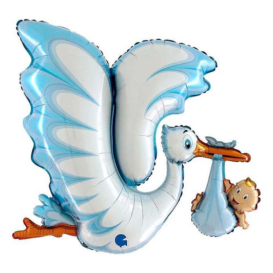 45 inch shaped foil balloon featuring a stork carrying a baby boy.
