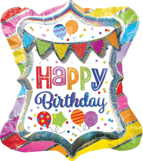 27 inch holographic foil balloon featuring a colourful Happy Birthday design.