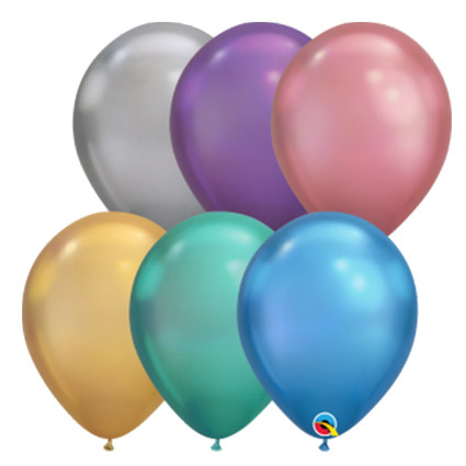 Assorted Chrome 11 inch round latex balloons with a high-shine metallic finish.