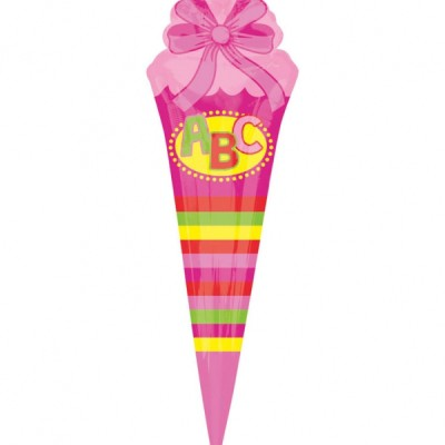 44 inch pink foil balloon shaped like a school cone with ABC lettering and a decorative bow, ideal for back-to-school celebrations.
