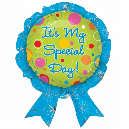 30 inch award ribbon-shaped foil balloon featuring the message "It's My Special Day" with a colourful celebration design.