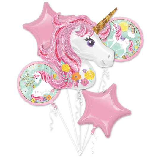 Five-piece pink Unicorn foil balloon bouquet with coordinating balloon designs.