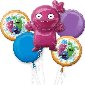 5 piece UglyDolls Moxy foil balloon bouquet with one 32 inch Moxy balloon and four coordinating 17 inch balloons in character, blue and purple designs.