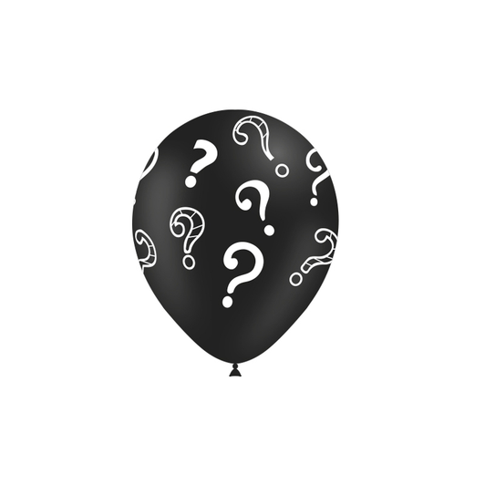 Black 12 inch latex balloons printed with question marks for baby and gender reveal celebrations.