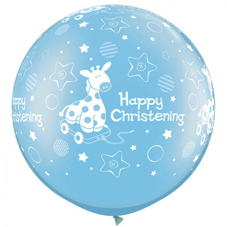 Round Printed Latex Balloon Christening Soft Giraffe Pearl Light Blue 36 inch - 2 pack