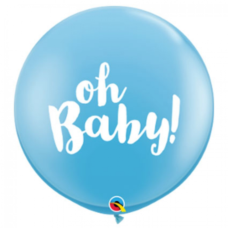 Round Printed Latex Balloon Oh Baby Pale Blue 36 inch - 2 pack
