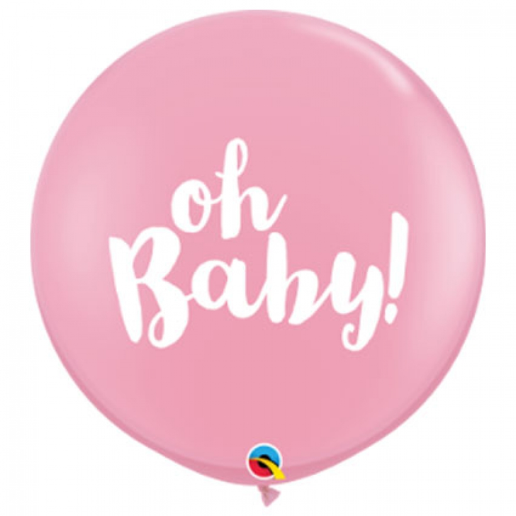 Round Printed Latex Balloon Oh Baby Pink 36 inch - 2 pack