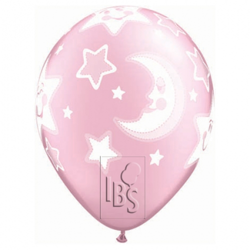 Round Printed Latex Balloon Baby Moon & Stars Pearl Pink 11 inch - 25 pack