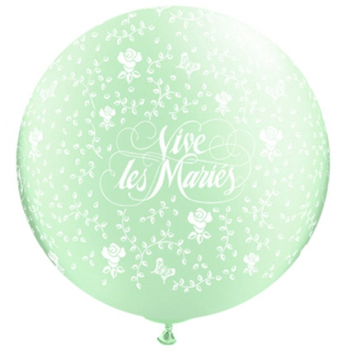 Round Printed Latex Balloons Vive les Mariés Pearl Mint Green 36 inch – 2 pack