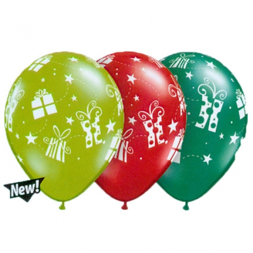 Round Printed Latex Balloon Presents & Stars 11 inch - 25 pack