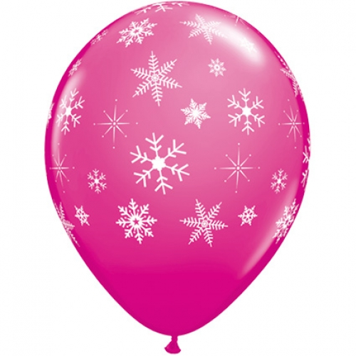 Round Printed Latex Balloon Snowflakes & Sparkles Wild Berry 11 inch - 25 pack