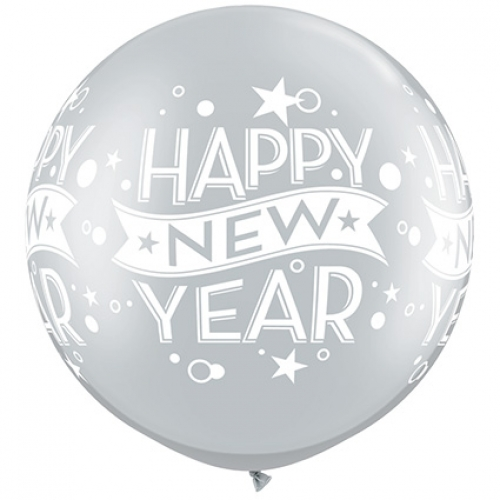 Round Printed Latex Balloon New Year Confetti & Dots Silver 36 inch - 2 pack