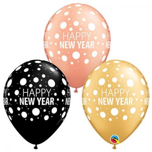 Round Printed Latex Balloon Happy New Year Dots 11 inch - 25 pack