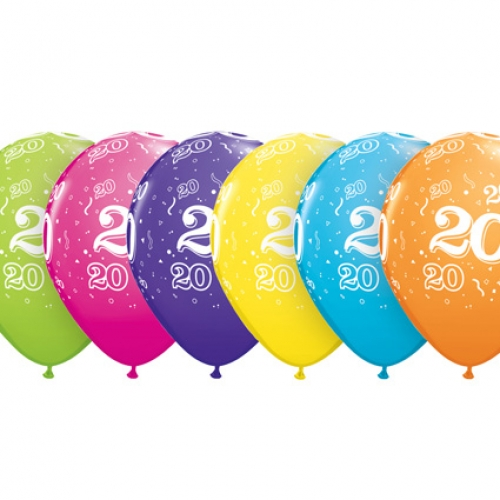 Round Printed Latex Balloon Age 20 Tropical Assorted 11 inch - 25 pack