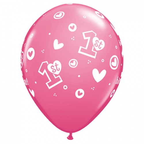 Round Printed Latex Balloon 1st Birthday Circle Hearts Girl 11 inch - 25 pack
