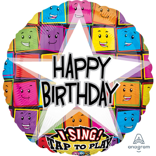 Foil Balloon Singing Happy Birthday Stars & Smiley Faces 28 inch - 1 pack