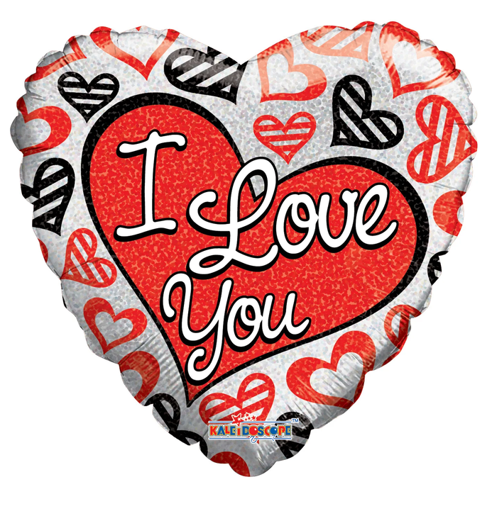 Foil Balloon I Love You Red & Black Hearts Holographic 18 inch - 1 pack