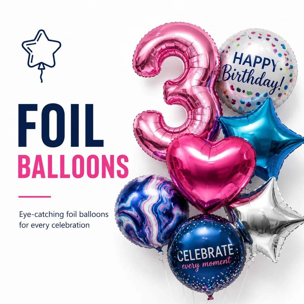 Foil Balloons — colourful number, heart, star and birthday balloons