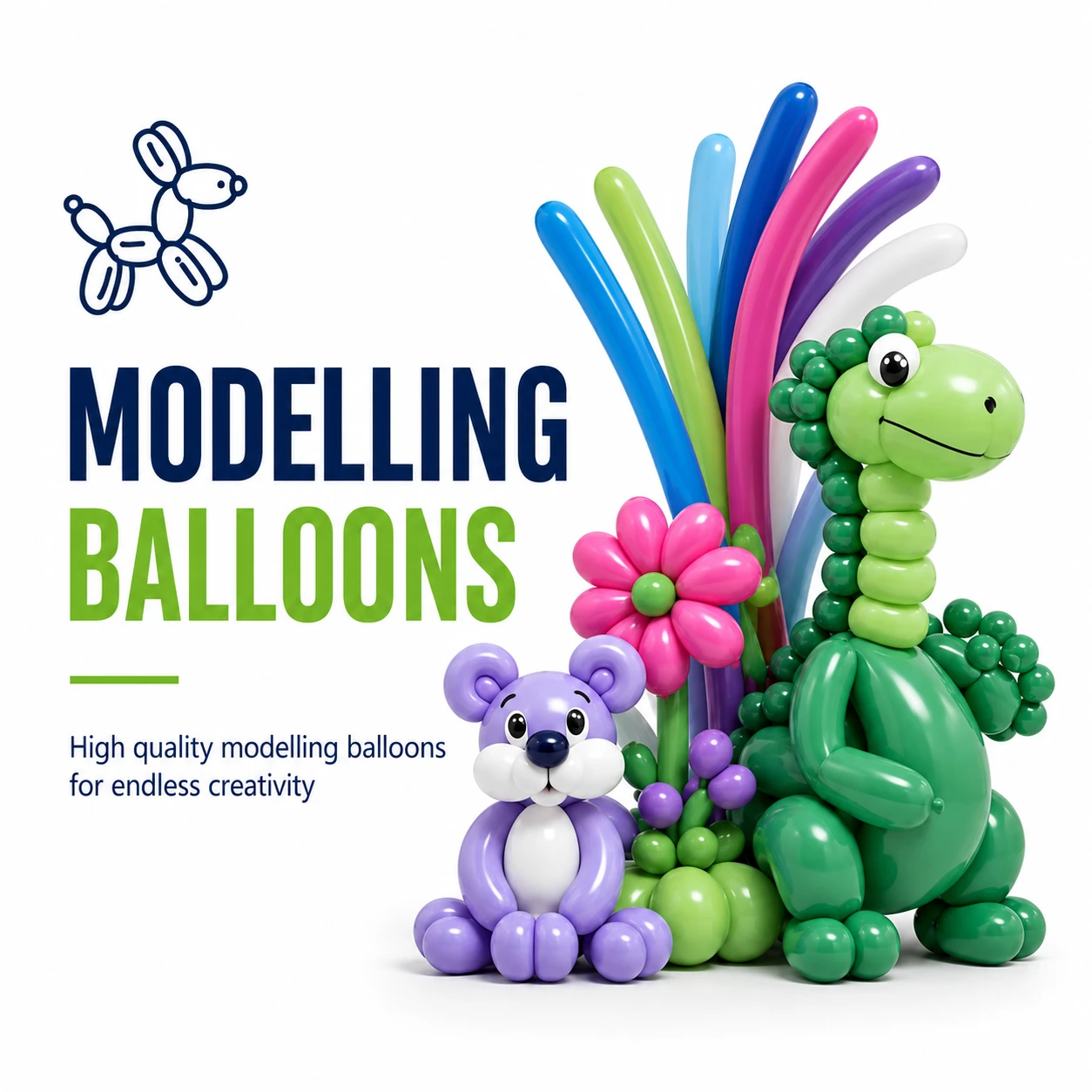 Modelling Balloons — colourful balloon dinosaur and flowers