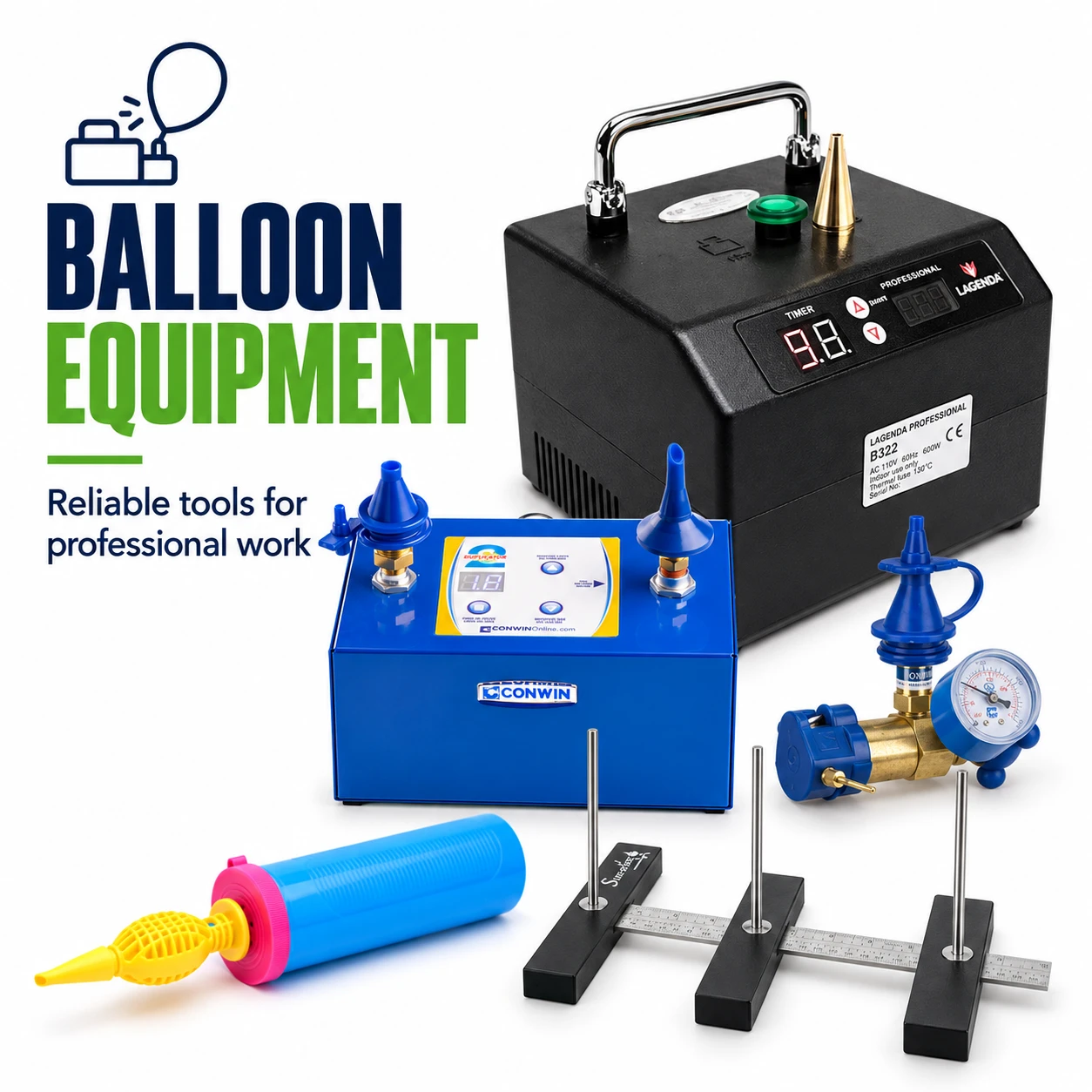 Balloon Equipment — professional inflators, hand pump, regulator and sizing tool