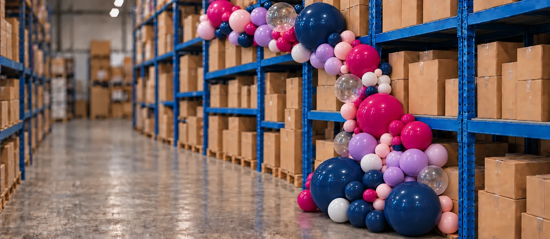 Colour-blocked balloon garland displayed beside blue warehouse shelving