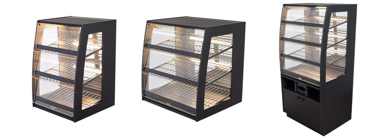 Bakery display cases in floor-standing and countertop options with LED lighting and mirrored panels