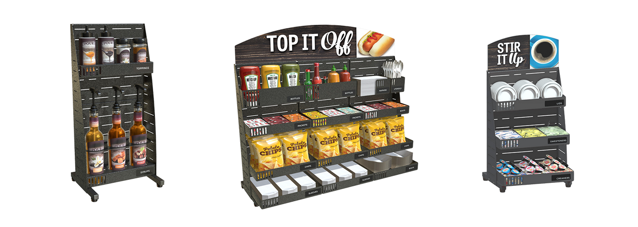 PanelRak modular convenience store display system for snacks, condiments, and beverage station supplies PanelRak modular convenience store display system for snacks, condiments, and beverage station supplies