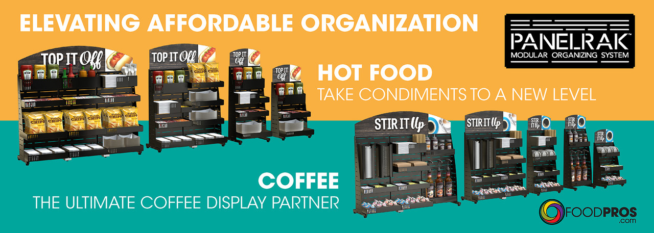 Customizable PanelRak® system holding coffee supplies, condiments, and packaged snack Customizable PanelRak® system holding coffee supplies, condiments, and packaged snack