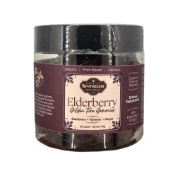 Image - Serene Tree Apothecary Elderberry Golden Fire Gummies in a clear jar with a black lid, front label.