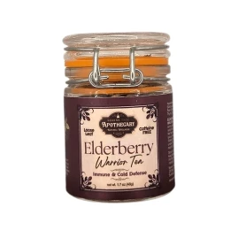 Image - Serene Tree Apothecary Elderberry Warrior Tea in a glass clamp-lid jar, front label.