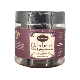 Image - Serene Tree Apothecary Elderberry Triple Defense Gummies in a clear jar with a black lid, front label.